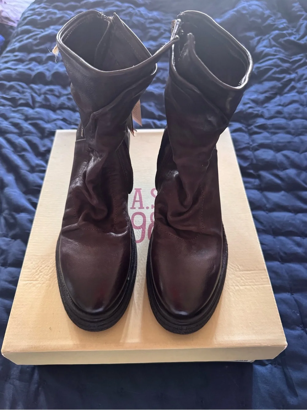 A.S.98 Women's Dark Brown Eggplant  Leather Wedge Ankle Boots New In Box